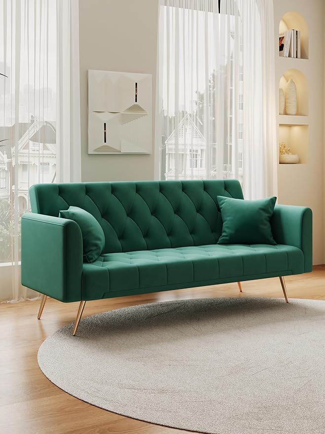 71 Convertible Velvet Futon Sofa Bed Loveseat with Multiple Adjustable BackrestsModern Sleeper Couch with Golden Metal Legs for Living RoomApartmentOfficeGreen