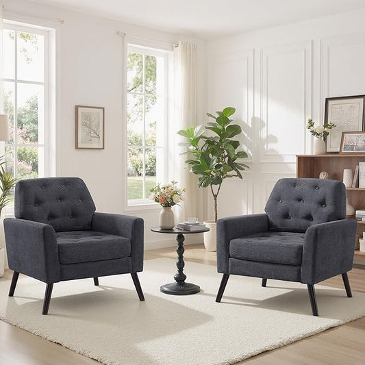Accent Chair Set of 2 Mid Century Modern Living Room Chairs Upholstered Armchair with Tufted Back &amp Wood Legs Single Sofa Reading Side Chair for Bedroom Office Waiting Room Dark Grey