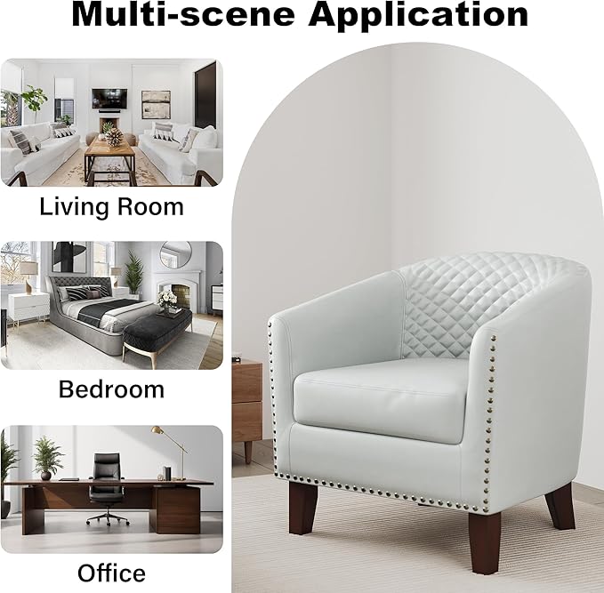 Accent Barrel Chair Upholstered Faux Leather Club Chair with Nailed Trim Comfy Reading Armchair for Living Room Bedroom Reception Room Office (White Set of 2)