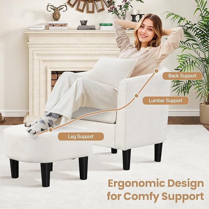 KOMFOTT Accent Chair with Ottoman Upholstered Teddy Velvet Barrel Chair with Footrest Comfy Club Sofa with Curved Backrest Thick Seat Cushion Modern Arm Chair for Living Room Bedroom Beige