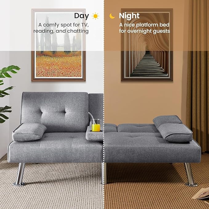 Futon Sofa Bed Modern Folding Couch for Small Space Linen Convertible Loveseat Sleeper Bed Daybed Recliner Lounge Sofas for Living Room2 Cup HoldersMetal LegsRemovable Armrests (Light Gray)