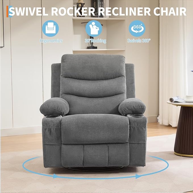 Large Recliner Chair with Massage and Heat 360 Swivel Glider with Cup Holder 8 Vibrating Massage Nodes with 5 Modes Dual Cup Holders &amp Side Pockets Single Sofa Chairs for Living Room Grey