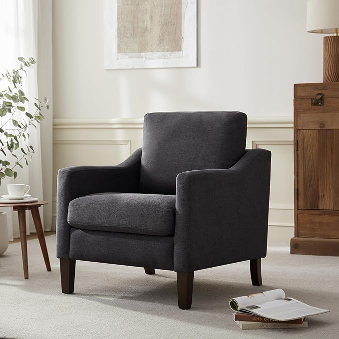 VKNOW Mid Century Modern Accent Chair Upholstered Living Room Chairs Armchair for Bedroom Comfy Reading Accent Chairs with Wood Legs for Living Room (1 Dark Grey)