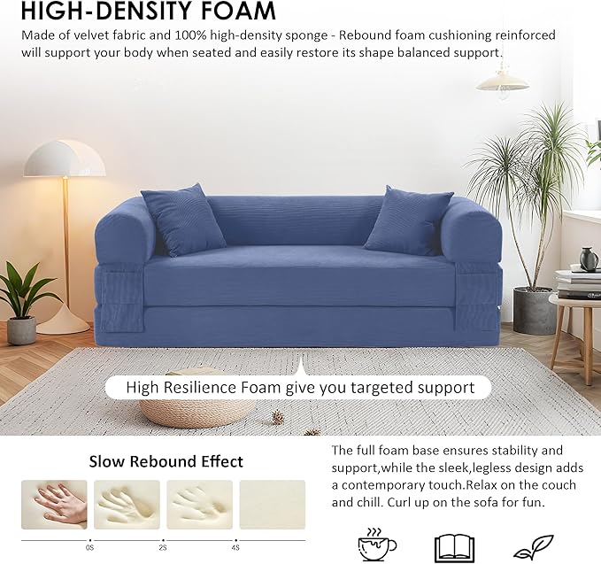 80 Convertible Sofa Bed 3-in-1 Corduroy Folding Pull Out Couch with Pillows No Assembly Modern Boneless Couch Compression Sofa in Box Floor Sofa with Side Storage for Living RoomDark Smog Blue