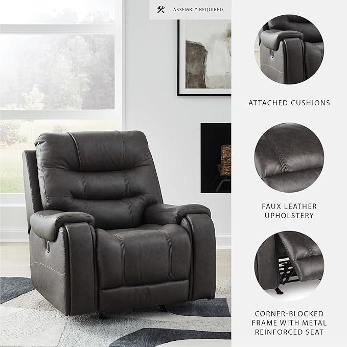 Signature Design by Ashley Trumble Modern Faux Leather Manual Rocker Recliner with Track Arms Gray