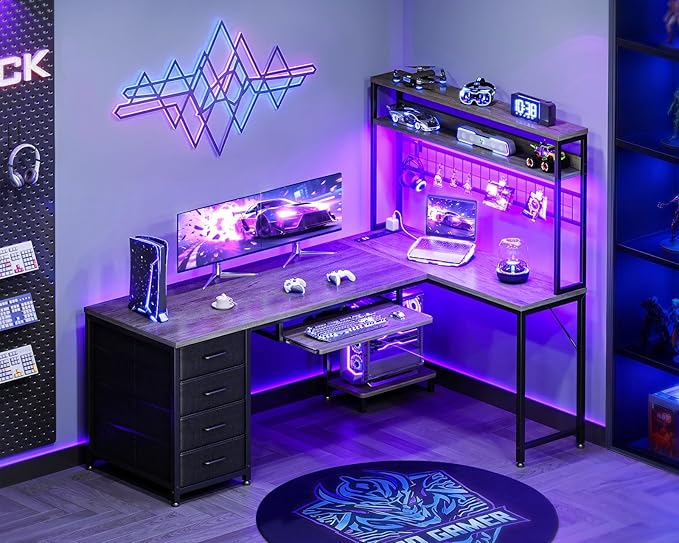 AODK 59 Inch L Shaped Desk with 4 Drawers Gaming Desk with Led Lights &amp Power Outlets Computer Desk with Pegboard &amp Keyboard Tray Reverisble Home Office Desk with Storage Shelves &amp CPU