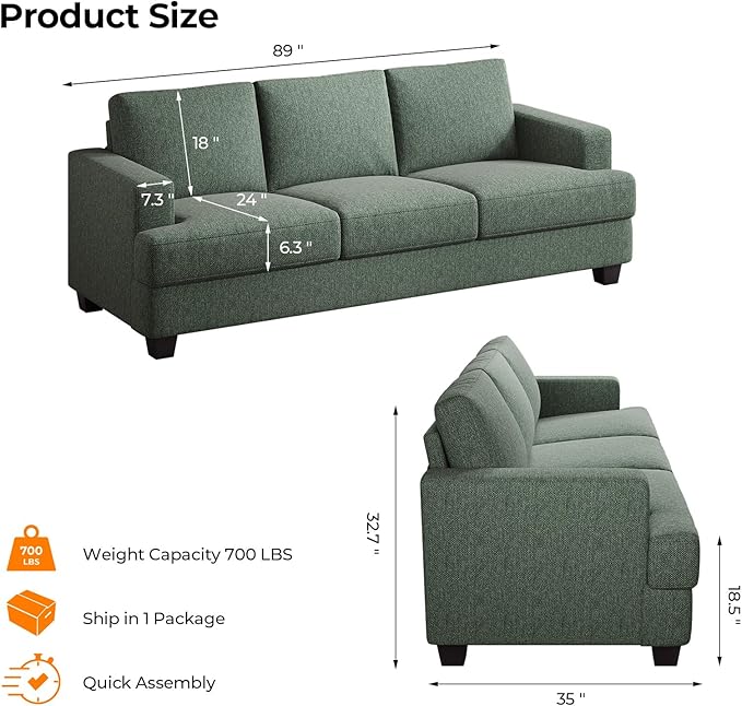 89 Inch Sofa with Extra Deep Seats Oversize 3 Seater Sofa for Living RoomModern Couch and Sofa Comfy Armrests and Seats and Backrests Easy Installation Light Green