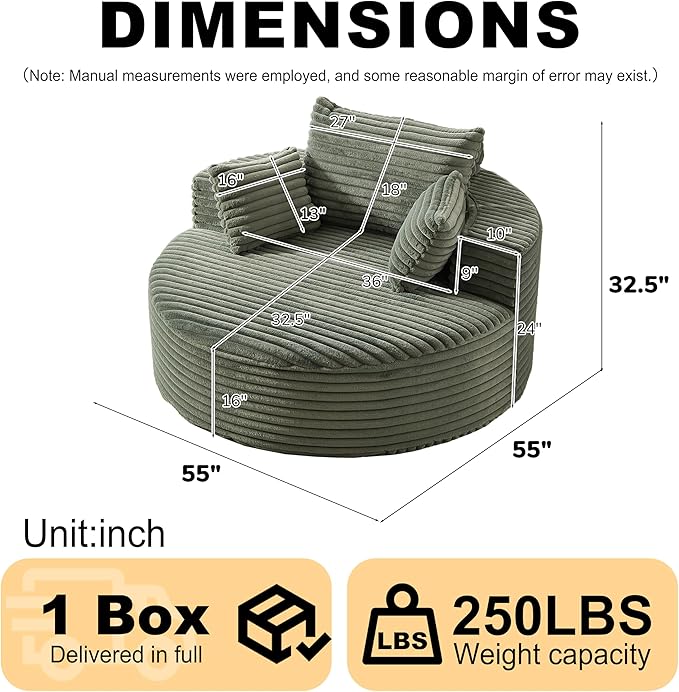 55 Green Oversized Round Boneless Couch Sofa Velvet Memory Foam Cloud Couches Lounge Chair Comfy Fluffy Single Sofa with 3 Pillows for Living Room Bedroom No Assembly Required (Green)