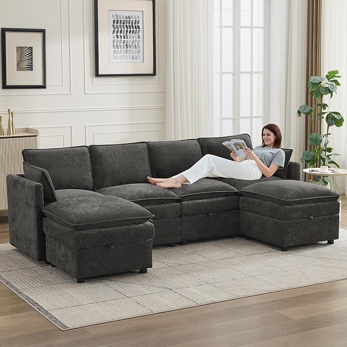 105 Cloud Modular 4 Seater Sofa with 2 Storage Ottoman Modern Upholstered Sofa Storage Sofa Couch Deep Seat U Shape Sectional Sofa Chenille Comfy Couch with Armrests for Living Room Dark Grey | Mo