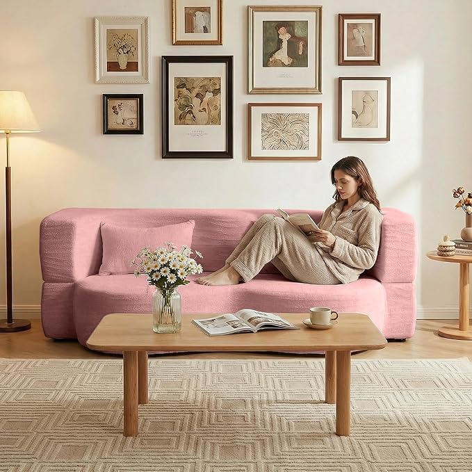 Modern Convertible Sleeper Sofa BedCompact Couch Loveseat Sofa Curved Seating Floor Couch Comfy Teddy Fabric SofaSoft Cloud Couch with Pillows for Apartment Living Room Bedroom (Pink)