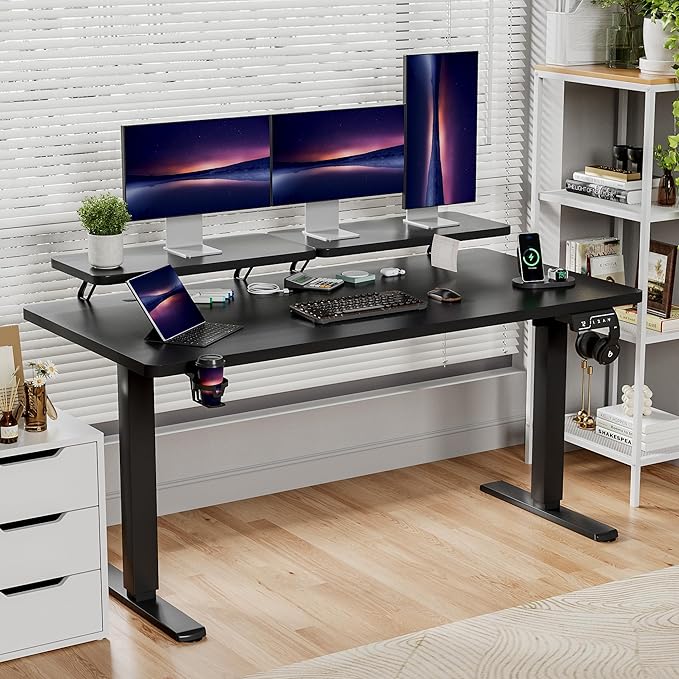 Shahoo Electric Standing Desk with Monitor Shelf 63 x 24 Inches Height Adjustable Corner Table Computer Workstation with Cup Holder and Hook for Home Office Black 63x24 Inch