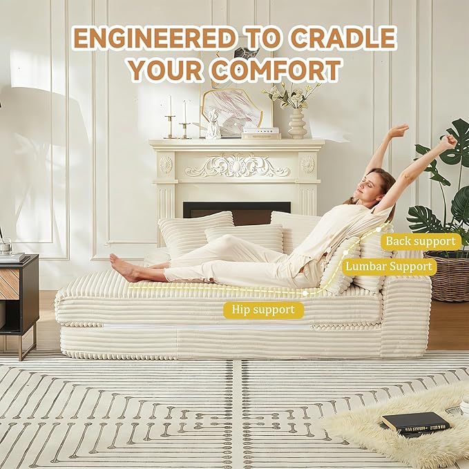 Curved Convertible Futon Sleeper Sofa Bed 78.5 Boneless Couch with Pull-Out Bed Corduroy Semi-Circular Foldable Floor Mattress for Living Room No Assembly Required Left Curved Beige