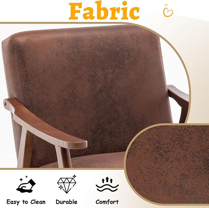 Mid Century Modern Accent Chair Upholstered Armchair Comfy with Wood Legs Siting Chair with Soft Cushion PU Leather Side Chairs for Living Room Bedroom Office (Microfiber Light Brown)