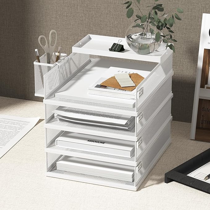 Stackable Letter Trays 4 Tier Metal Paper Tray &amp Desk Organizer Stackable File Trays for Office &amp Home Multi-Functional Document Tray with Fine Grid Design &amp Magnetic LabelsWhite