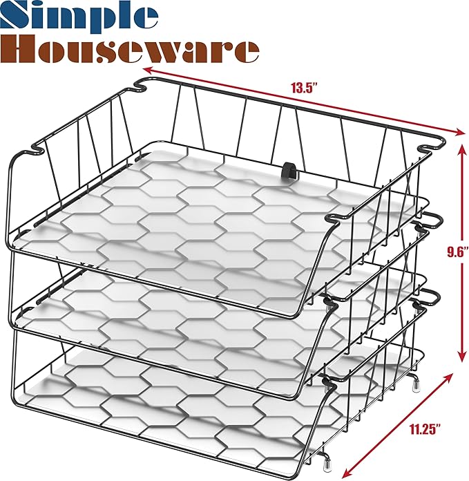 Simple Houseware Stackable Wide Entry Desk File Document Letter Tray with Liner Wire Grid 3 Packs Black