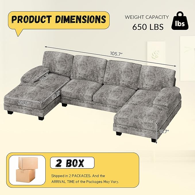 JUMMICO Sectional Couches for Living Room U Shaped Couch with Chenille Fabric 4 Seat Modern Sofa with Removable Pillows for Apartment and Small Space (Fabric Grey)