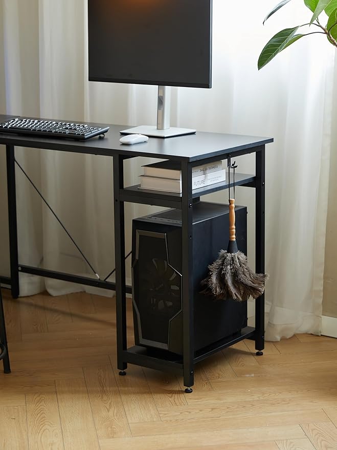 94.5 Inch Home Office Desk L Shape Gaming Desk with LED Storage Shelves Metal Pannel and Stool (Black)