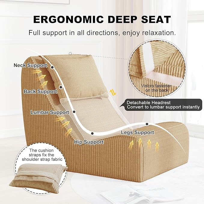 Giant Bean Bag Chair for AdultsCorduroy Chaise Lounge with Unrivaled Back Support Detachable Neck Pillow Comfortable Ottoman &amp Washable Cover for Living Room Bedroom Garden (Camel)