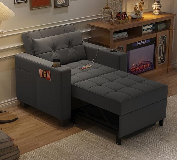 DURASPACE 36.6 Futon Chair Bed Convertible Chair 3-in-1 Pull Out Sleeper Reading Chair Beds with USB Armchair Sleeper Bed for Living Room Dorm Small Space (Dark Gray Linen)