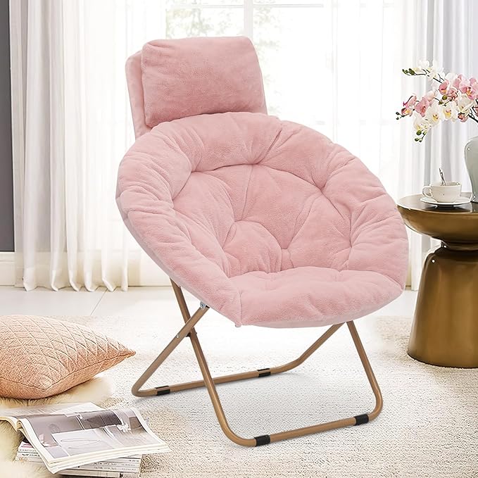 Round Comfy Saucer Chair with Headrest Large Cozy Metal Frame Cozy Lounge Lazy Chair Folding Faux Fur Saucer Chair for Adults Foldable Papasan Moon Chair