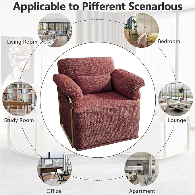 Swivel Accent Chairs 360 Swivel arm Chairs for Bedroom Club Chair with Back Gold Frame Tall Base for Office and Living Room (Red)