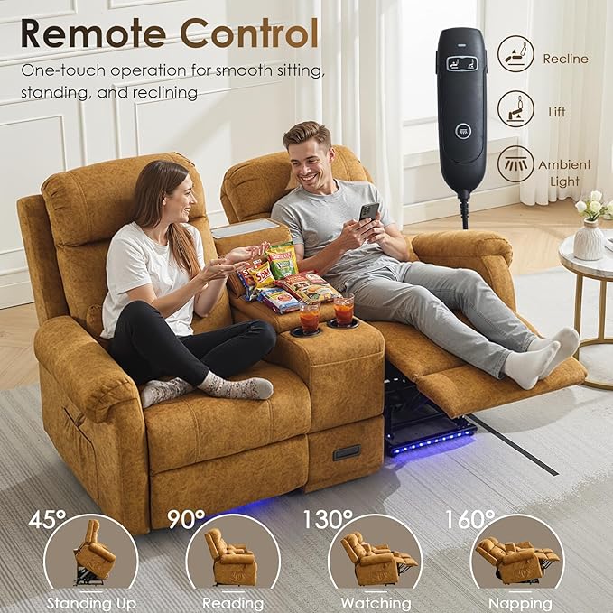 SAMERY Loveseat Recliner Sofa Power Lift Recliner for Elderly with Massage and Heat Electric Reclining Loveseat Sofa Couch with Console Cup Holder Outlets USB Drawer (Yellow Lift Loveseat) | Ea