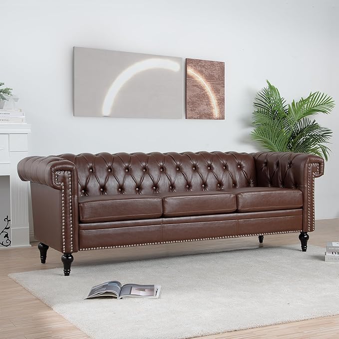 83.66''Chesterfield Sofa Mid Century Modern Tufted Sofas with Rolled Arms and Nailhead 3-Seat Upholstered Leather Sofa Couch with Solid Wood Legs for Living Room Office Dark Brown PU