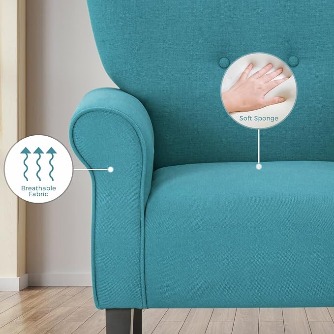 MELLCOM Mid Century Wingback Arm ChairModern Upholstered Fabric High Back Accent Chair with Wood LegsUpholstered Single Sofa Club Chair for Living Room Bedroom Home Office Teal