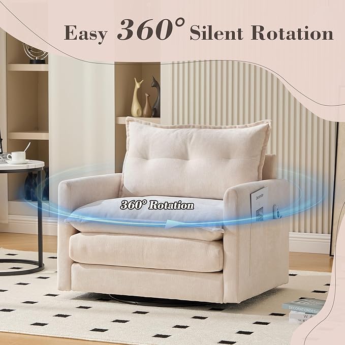 Swivel Accent Chairs for Living Room 36.2 Comfy Swivel Chair with Solid Metal Base Single Sofa with Pillows &amp Side Pockets (Beige)