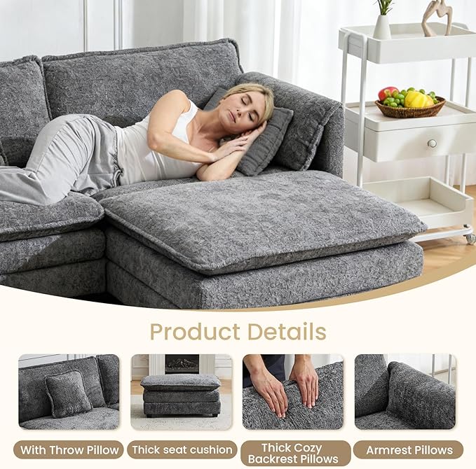 147.8 U Shaped Modular Sectional Sofa Comfy Cloud Couch with Movable Ottoman Deep Seat Modular Sofa Sectional Couches for Living Room Bedroom Apartment (Grey)