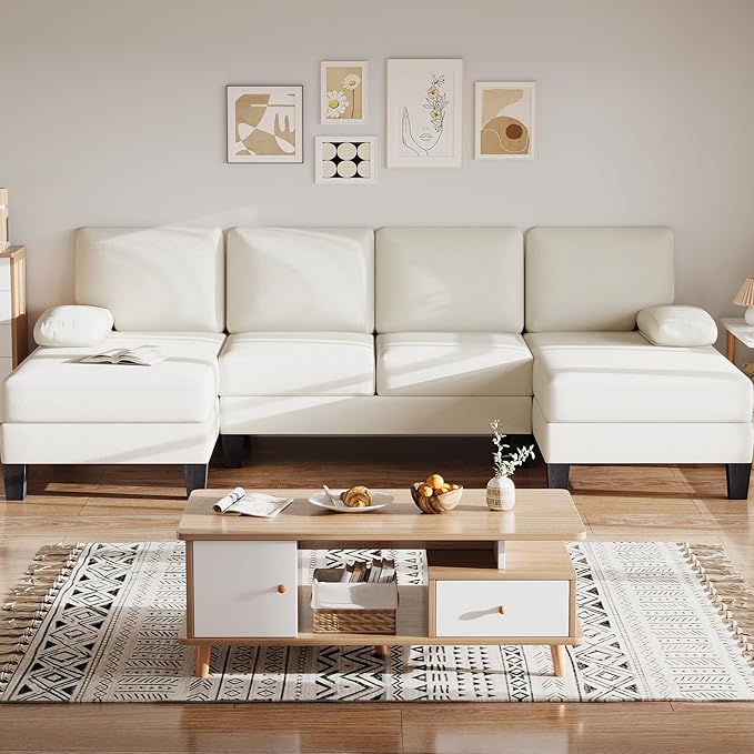 Bezseller 107.3 Sectional Couches for Living Room U Shaped Modular Sofa Couch with Cushion &amp Chenille Fabric 4-Seat Comfy Furniture Sets with Double Chaise for Apartment Reception Room Beige
