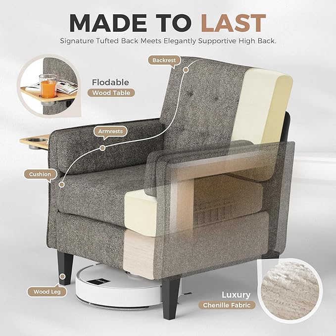 Chenille Accent Chair Mid Century Modern Arm Chair with Foldable Wooden Side Table &amp Cup Holder - Comfy Reading Chair for BedroomLiving Room ChairsSingle Sofa ChairDark Grey