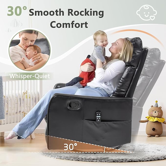 cinkehome Heated Massage Swivel Rocker Recliner Chair for Nursery - Small Space Reclining Chair with Lumbar Support 360° Swivel &amp Gentle Rocking Ergonomic High Back Faux Leather Black