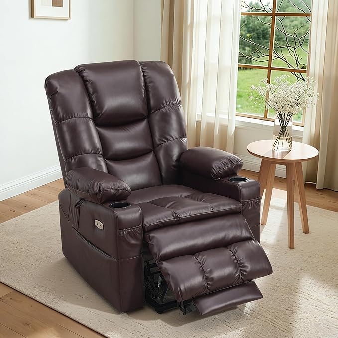 MCombo Large Triple Motor Power Lift Recliner Chair with Massage and Dual Heating Adjustable Headrest for Tall Elderly People Faux Leather 7634 (Dark Brown Large)