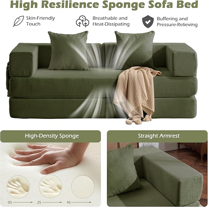 4 in 1 Convertible Sleeper Sofa Bed78’’ Compression Folding Sofa Bed with Pillows &amp Side Pockets Fold Out Floor Couch Boneless Couch for Living RoomBedroomGreen