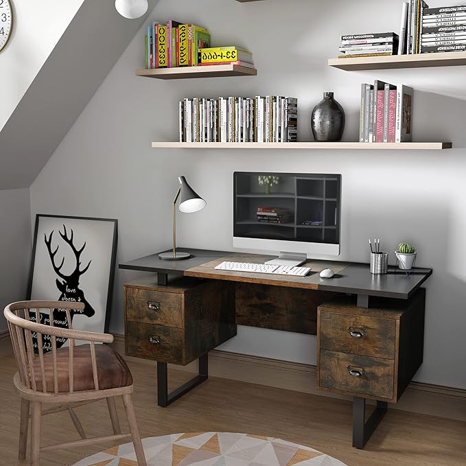 Large Office Desk Computer Table with 4 Drawers for Home Office 59 Study Writing Desk Workstation with Storage and Metal U Legs for Living Room Black and Rustic Brown Top CTSZ20401CM