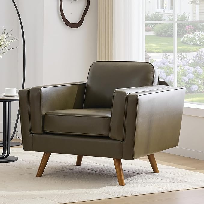 Kingfun Modern Accent Chair Living Room Chairs Faux Leather Reading Armchair Mid Century with Dual-Layer Armrests Solid Wood Frame Easy Assembly for Small Spaces Olive Green