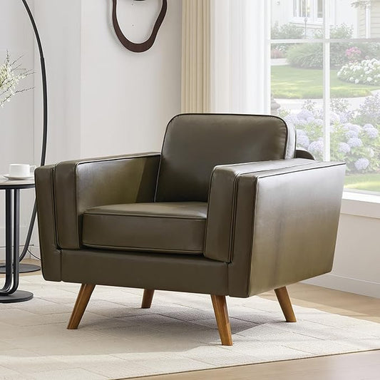 Kingfun Modern Accent Chair Living Room Chairs Faux Leather Reading Armchair Mid Century with Dual-Layer Armrests Solid Wood Frame Easy Assembly for Small Spaces Olive Green