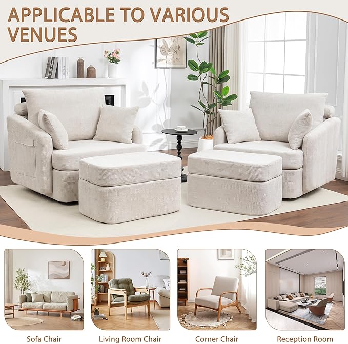 39''W Oversized Accent Chair with OttomanComfy Swivel Lounge Reading Chairs for Living RoomBedroom (Chenille Beige)