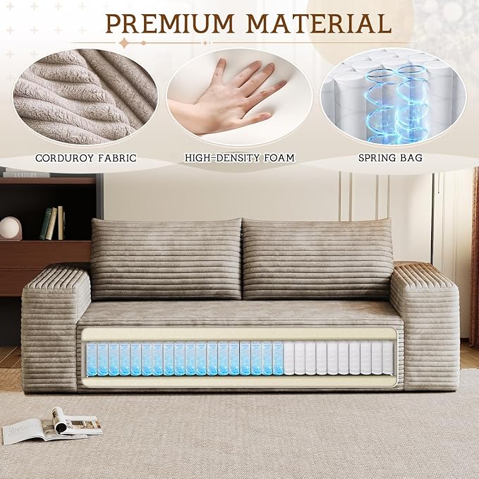 Cloud Loveseat Sofa Corduroy Boneless Couch with High Density Memory Foam Comfy Small Foam Couch in a Box No Assembly Modern Floor Compressed Sofa for Living Room Bedroom Small Space(63WCamel)