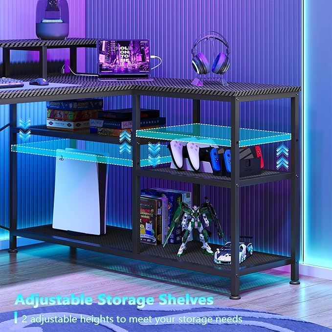 L Shaped Gaming Desk with Drawers &amp Storage Shelves Corner Gaming Desk with Power Outlets &amp LED Light Reversible Computer Desk with Monitor Stand &amp Hooks Carbon Fiber Black