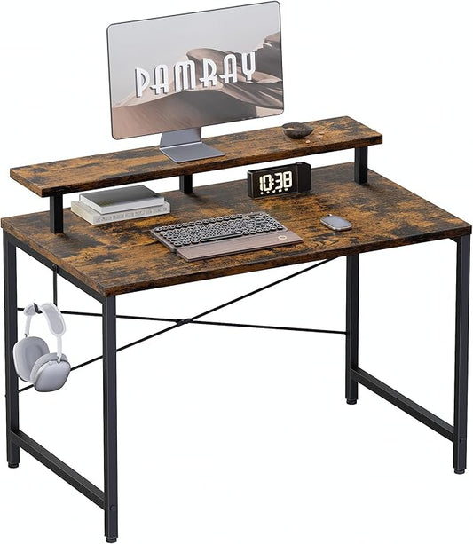 Pamray 32 Inch Small Computer Desk with Monitor Stand Simple Office Desk with Headphone Hook for Small Spaces Kids Study Writing Table for Bedroom Vintage