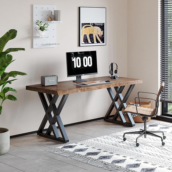 Solid Wood Computer Desk Study Office Desk 55 Writing Desk Modern Simple Style PC Table Black Metal Frame Solid Wood Planks 55 D x 27 W x 29 H for Home Office BedroomRustic Brown