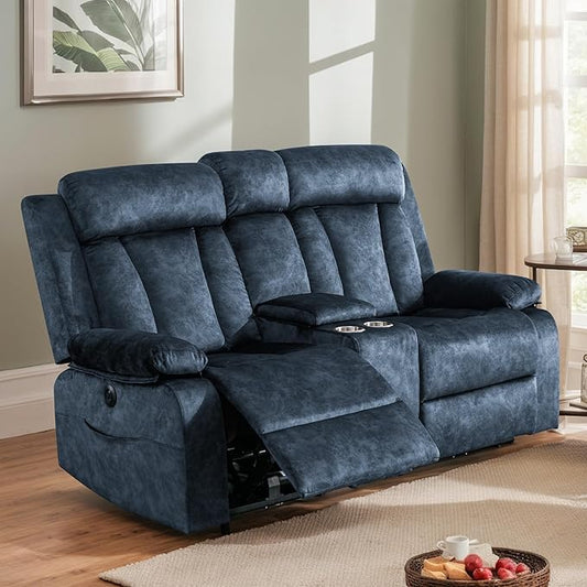 Power Reclining Loveseat with Heat &amp Massage Dual Recliner Sofa with Console Cup Holders USB &amp Type-C Ports 2 Seater Electric Reclining Couch for Living Room RV (Blue 2 Seat)