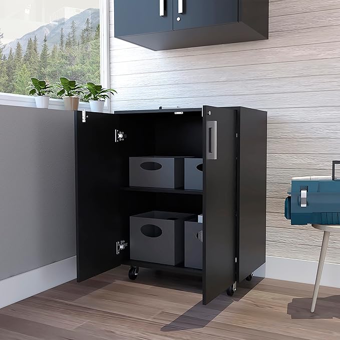 Black Mobile Filing Cabinet with Shelf &amp Drawer Double Door 4 Black Wheels Rectangular Portable Filing Cabinet Traditional for Office Study Room