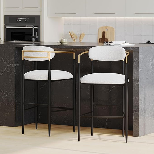 GDFStudio Modern Barstools Set of 2Mid Century Upholstered Counter Height Bar Stools with Back Metal Armrests and Legs Countertop Chairs for Kitchen Island 29.75 H