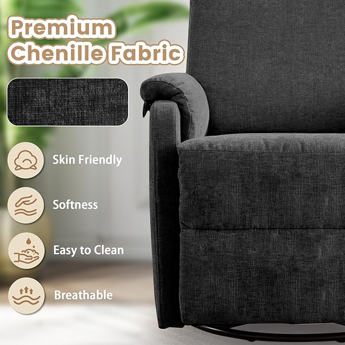Recliner Chair Swivel Rocking Recliner Chair for Adults Glider Rocking Chair Small Nursery Chair Recliner for Living Room Reclining Chair with Modern-Designed Armrests Chenille Black