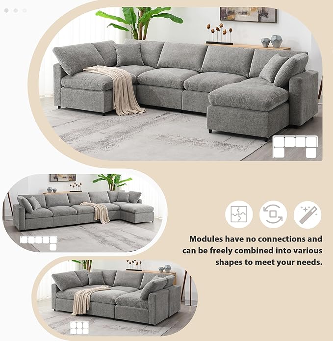 130-Inch Sectional Modular Cloud Sofa Couch Oversized 6 Seat Upholstered Chenille U Shaped Sofa Couches with Movable Ottoman 2 Throw Pillows for Living RoomOffice
