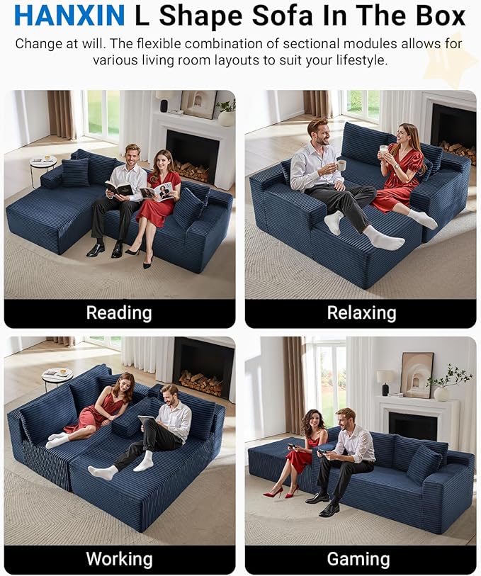 105 Inch Cloud Sectional CouchModern Modular Sectional Sofa with Deep SeatCorduroy Boneless Couches with L-Shape Chaise for Living Room BedroomNo Assembly Required (Blue Left Facing Chaise)