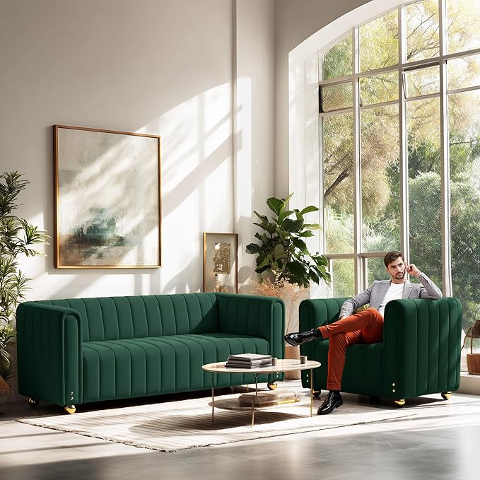 82 Deep Seat Sofa - Gold Leg Modern Couch with Serpentine Springs 750LBS Capacity &amp Fade-Resistant Fabric for Living Room (Emerald Green/Burnt Orange/Classic Black) (Green 3S)